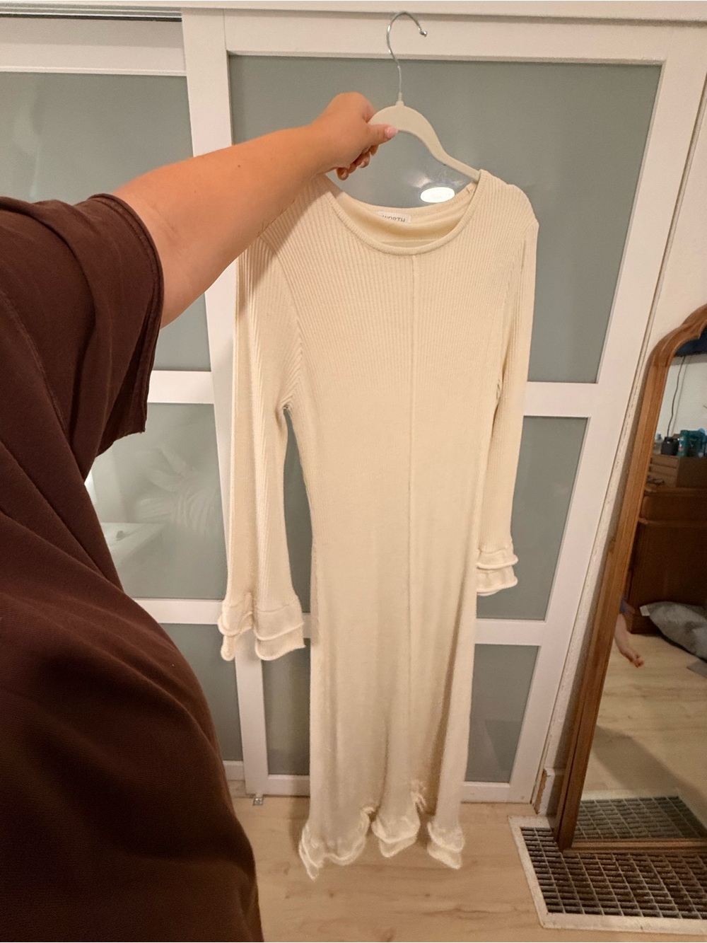 Ribbed Cream Maxi Dress with Ruffle Trim